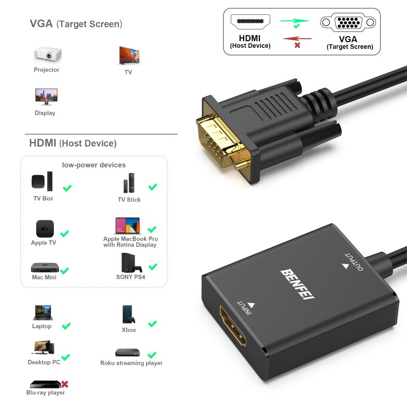 BENFEI HDMI to VGA, Uni-Directional HDMI Computer to VGA Monitor Adapter (Female to Male) with 3.5mm Audio Jack Compatible with TV Stick, Computer, Desktop, Laptop, PC, Monitor, Projector, Roku, Xbox - Image 5